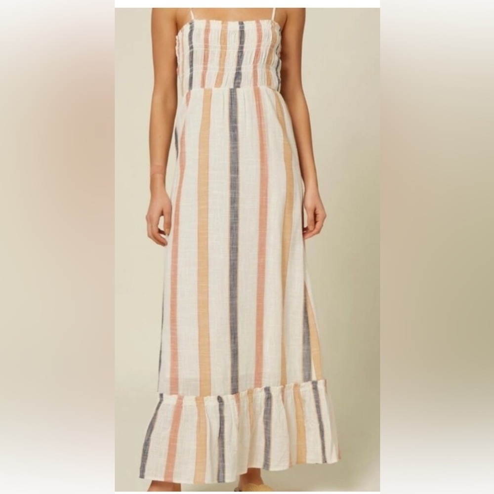 O’Neill Woman’s Striped Lane Maxi Dress SMALL Ruffle Ivory Gauze Stretch Boho